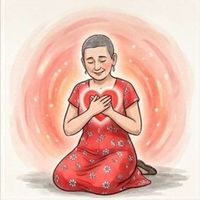 Dibujo de una mujer arrodillada sonriendo sujetando en su pecho con sus manos un corazón rojo vibrante.