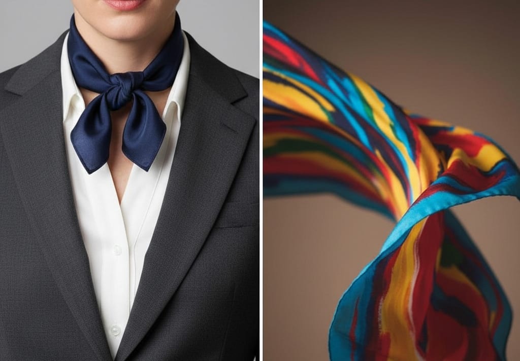 Imagen dividida que muestra la dualidad entre un traje gris formal y un pañuelo de colores vibrantes, simbolizando la conexión con la esencia y el desarrollo personal.